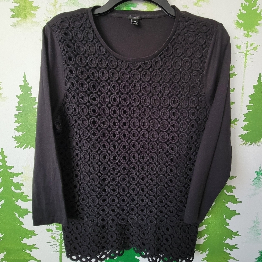 J.Crew Textured Eyelet 3/4 Sleeve Overlay Top.